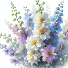 흰 배경, 델피니움, 파스텔화 (White background, Delphinium, pastel painting)