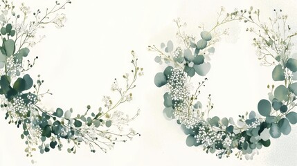 a whimsical floral pattern, elegant wreaths composed of ethereal eucalyptus leaves, trailing baby's 