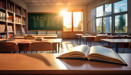 book on classroom table, traditional education concept