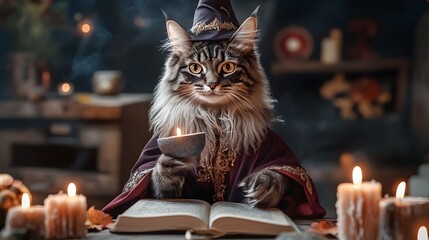 whimsical maine coon cat dressed as wizard casting spells on enchanted book with flickering candles 