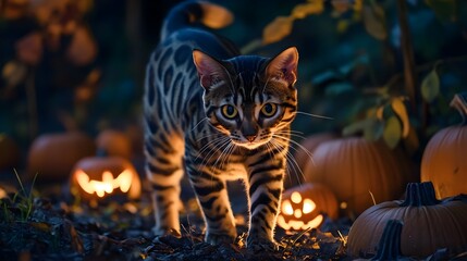 Bengal cat with a jack o  lantern pattern in its fur stalking through a pumpkin patch at night  The feline predator s striking markings and stealthy movements create a spooky