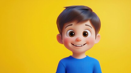 Wall Mural - 3D cartoon child in a blue top smiling against a bright and cheerful backdrop