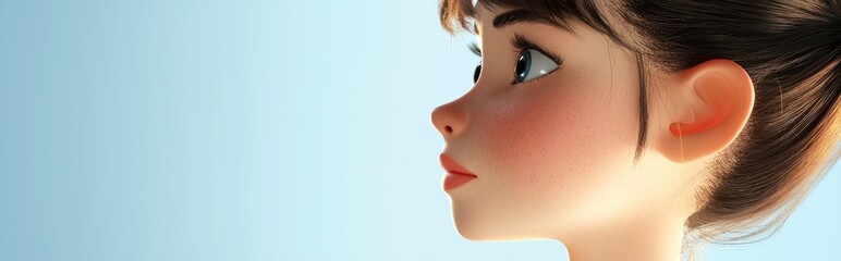 3D Cartoon Close Up of a Young Woman with Her Face Turned Away on a Light Background