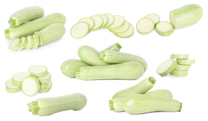 Wall Mural - Fresh ripe zucchini isolated on white, collage