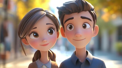 3D Cartoon Closeup of a Adorable Young Couple