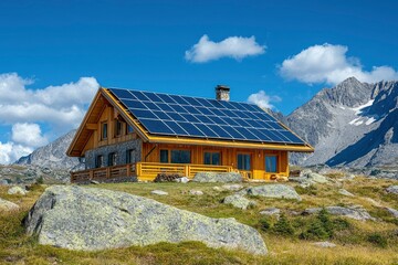 Wall Mural - Mountain Cabin with Solar Panels and a View of Snow-Capped Peaks