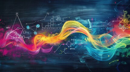 Leinwandbilder - Sweeping colorful chalk strokes flow across a chalkboard, adorned with subtle scientific diagrams and formulas, creating a vibrant learning environment. Generative AI