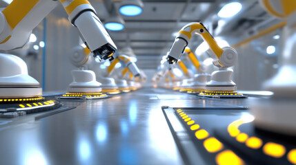 Poster - A factory with robots in a white and yellow color. The robots are working on a conveyor belt
