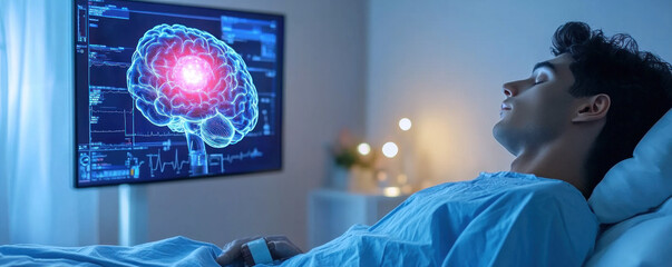 Poster - A man is sleeping in a hospital bed with a monitor displaying a brain scan. Concept of vulnerability and concern for the man's health