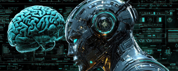 Poster - A man with a brain on his head. The brain is blue and the man is wearing a suit