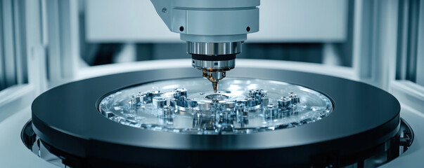 Poster - A machine is cutting a metal object. The machine is black and silver. The object is round and has many small pieces