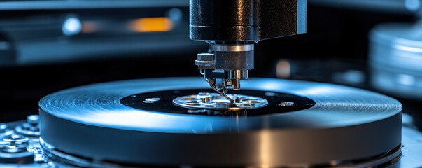 Poster - A small black and silver object is being made on a round surface. The object is small and shiny, and it is a part of a larger machine. The machine is surrounded by other smaller objects