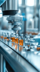 Poster - A machine is filling bottles with a liquid. The bottles are lined up on a conveyor belt