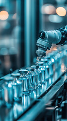 Poster - A robot is pouring liquid into a row of bottles. The bottles are lined up on a conveyor belt, and the robot is positioned above them. Concept of precision and efficiency