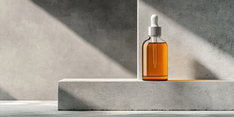 serum bottle, minimalistic, concrete block, modern aesthetic, natural light, textured background, amber liquid, skincare product, professional photography, studio setup