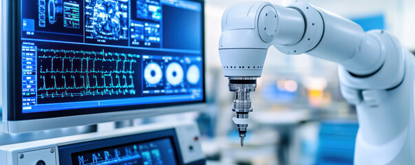 Poster - a robot is in a lab with a computer monitor showing a lot of data. the robot is holding a drill and 