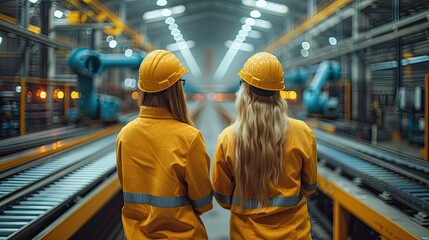 two project managers standing in modern industrial factory manufacturing facility with robotics robotic arms,automation storing products,materials in warehouse