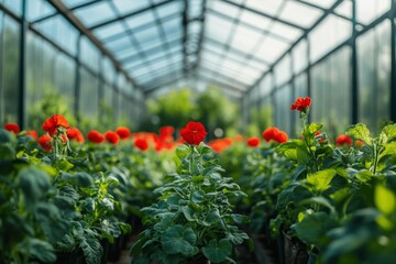 Poster - Red Flowers Blooming in a Green Lush Greenhouse