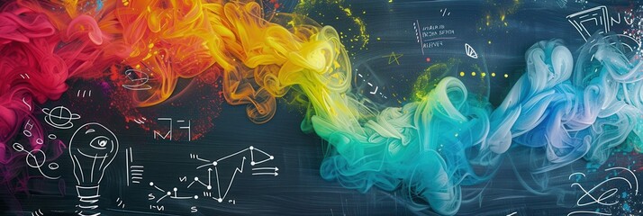 Poster - Vibrant chalk strokes create waves on a blackboard, blending art with science through subtle diagrams and formulas in a creative learning environment. Generative AI
