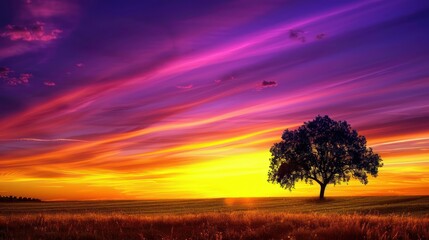 Poster - Silhouette of a Tree Against a Vibrant Sunset Sky