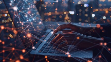 Poster - Hands Typing on Laptop with Digital Network Visualization