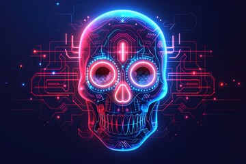 Wall Mural - Futuristic neon cyber skull with circuitry patterns, glowing in vibrant blue, pink, and red, merging technology with Day of the Dead traditions. ai