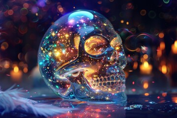 Wall Mural - Glass skull glowing with stars and cosmic elements, set against a dark background, offering a celestial and mystical Day of the Dead theme. ai