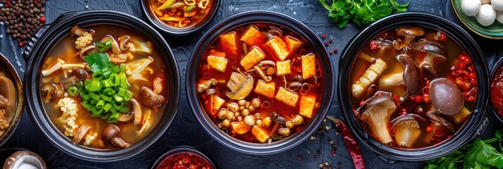 Canvas Print - Top-down perspective of a two-flavor hot pot featuring spicy and mushroom broth