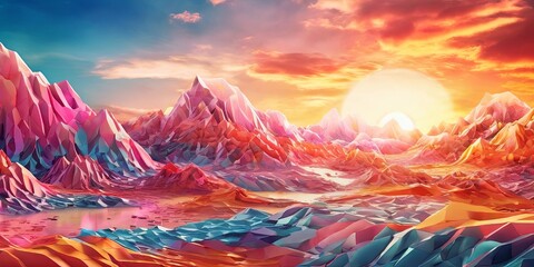 Poster - A beautiful landscape with mountains and a sun in the sky