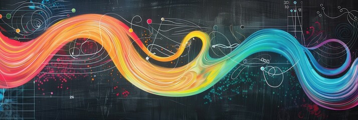 Poster - Vibrant waves of chalk strokes intertwine with subtle scientific diagrams and formulas on a chalkboard, creating an engaging educational backdrop. Generative AI