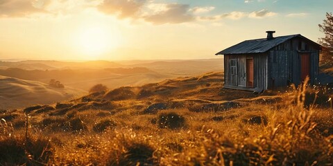 Poster - A small cabin is sitting on a hillside in a field