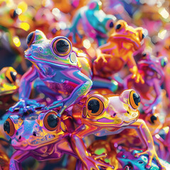 frogs colorful vibrant multiple abstract psychedelic bright amphibians artistic neon surreal shiny g