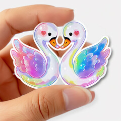 swans sticker holographic cute colorful hands holding illustration animal couple rainbow hearts love decoration bird pastel kawaii friendly glossy art 