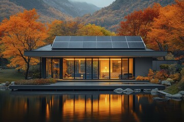 Sticker - Modern Cabin with Solar Panels Reflected in Still Water