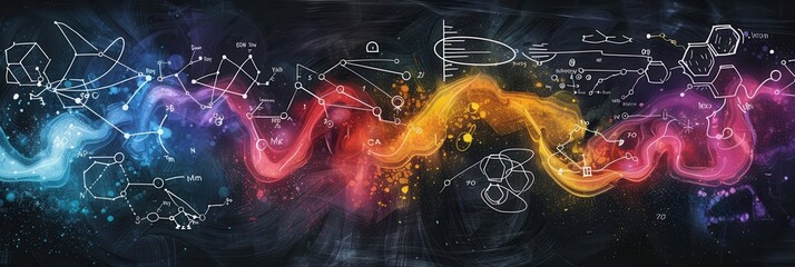 Leinwandbilder - Colorful waves of chalk strokes blend with scientific formulas and diagrams, creating an engaging educational background for discussing science concepts. Generative AI