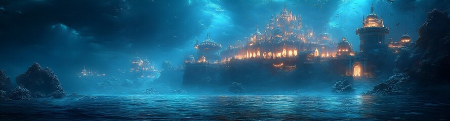 Futuristic underwater palace built within a massive coral reef with bioluminescent sea creatures swimming around set against a solid dark blue background