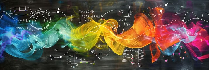 Leinwandbilder - A vibrant chalkboard displays colorful waves and integrates scientific formulas and diagrams throughout the design for an artistic learning atmosphere. Generative AI