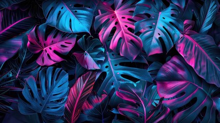 Sticker - A close-up shot of a group of tropical leaves in vibrant purple and pink hues, with intricate details and textures.