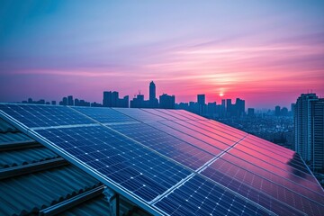 Sticker - Rooftop Solar Panels Against a City Skyline at Sunset