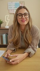 Sticker - Smiling young woman using smartphone at home, showcasing technology, lifestyle, and modern interior.