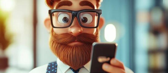 Wall Mural - 3D Cartoon Hipster Businessman Using Smartphone App Close Up