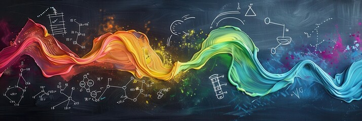 Leinwandbilder - Vibrant waves of chalk create a striking visual on a chalkboard, seamlessly blending artistic expression with scientific formulas and diagrams. Generative AI