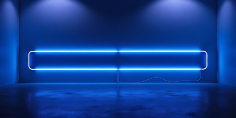 A vibrant blue neon light tube placed horizontally on a concrete floor, illuminating the surroundings with a striking fluorescent glow, creating a modern, futuristic ambiance.