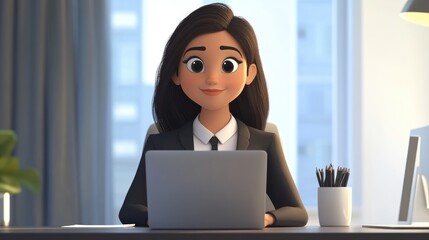 Wall Mural - 3D Cartoon of a businesswoman sitting at a desk with a laptop