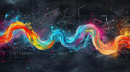 Leinwandbilder - A vibrant chalkboard displays sweeping waves of colorful chalk strokes with scientific formulas and diagrams creatively blended into the background. Generative AI