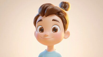 3D cartoon of a cute teenage boy with a ponytail on a light background Character and lifestyle theme