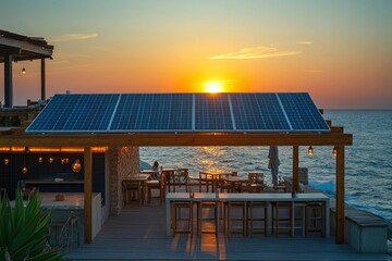 Sticker - Seaside Restaurant with Solar Panels and Sunset View