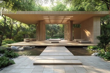 Wall Mural - Serene minimalist pavilion using natural wood and stone in a futuristic composition of intersecting planes and open spaces