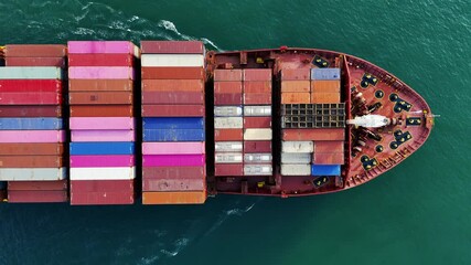 Wall Mural - top view cargo container ship at sunset feight import export container box concept transportation logistics and service to customer and supply change. Vessel ship full load container shipping.