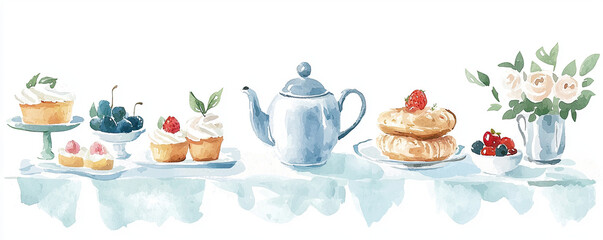 Afternoon tea, elegant setup with teapot and assorted pastries, watercolor style